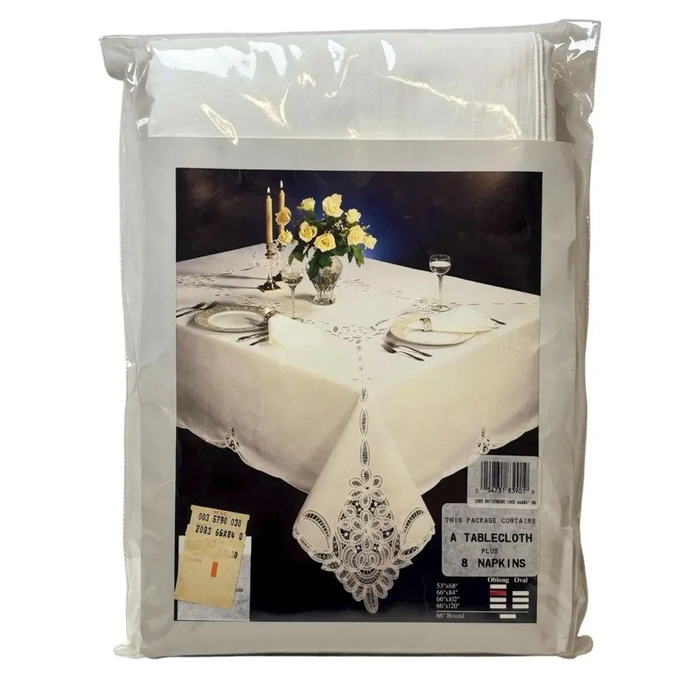 China Art Linens White Battenberg Lace Oblong Tablecloth with 8 Napkins